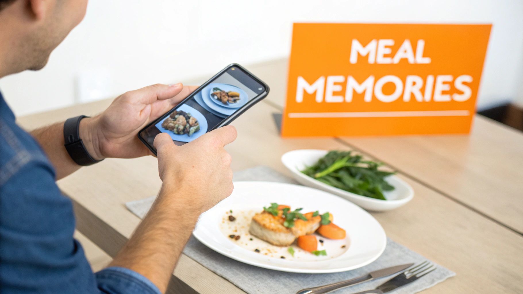 A person photographs a healthy meal with fish and vegetables using a smartphone, showing other food memories.