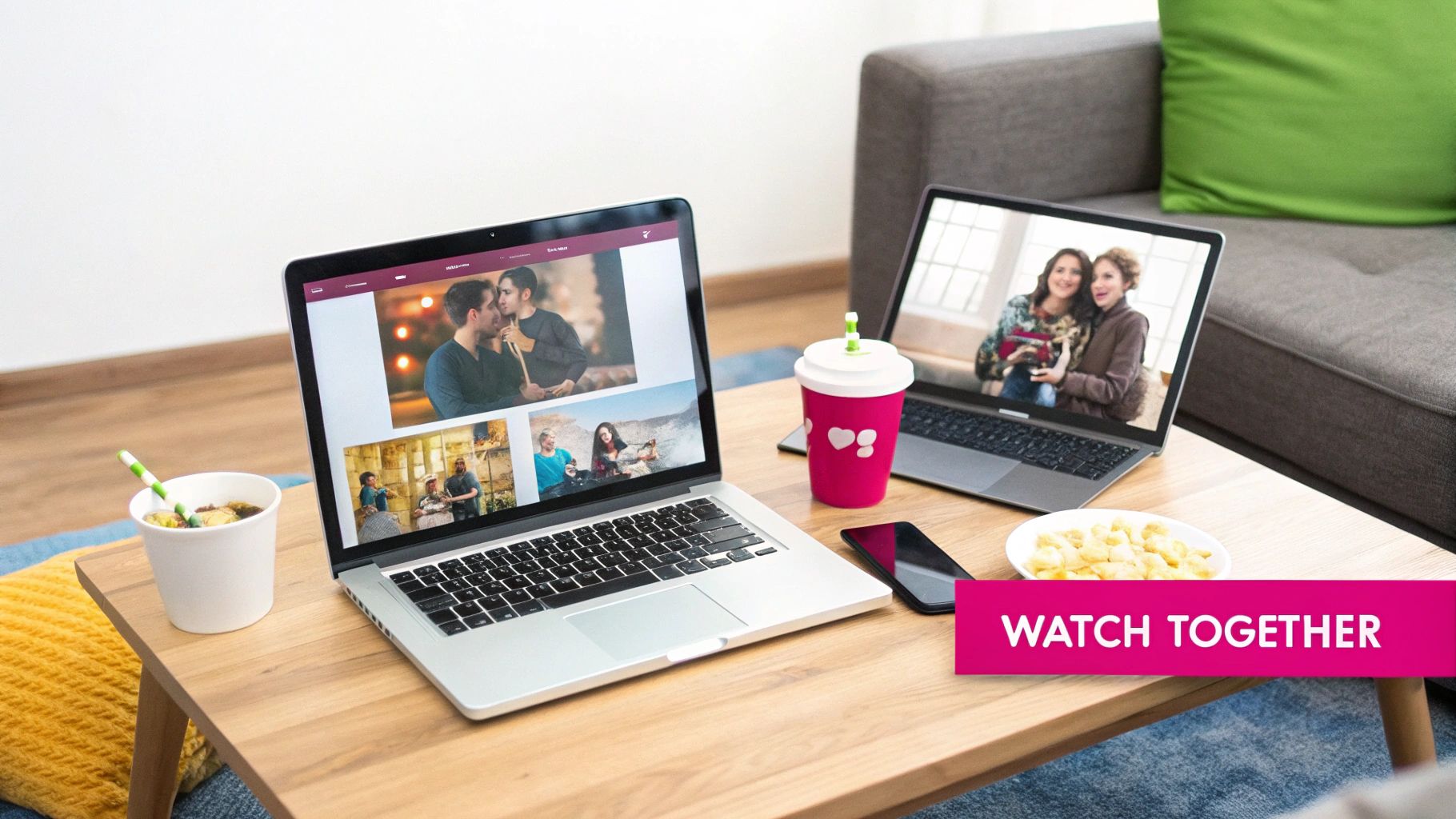Two laptops on a table display photos of couples, with snacks and drinks for a virtual date night.