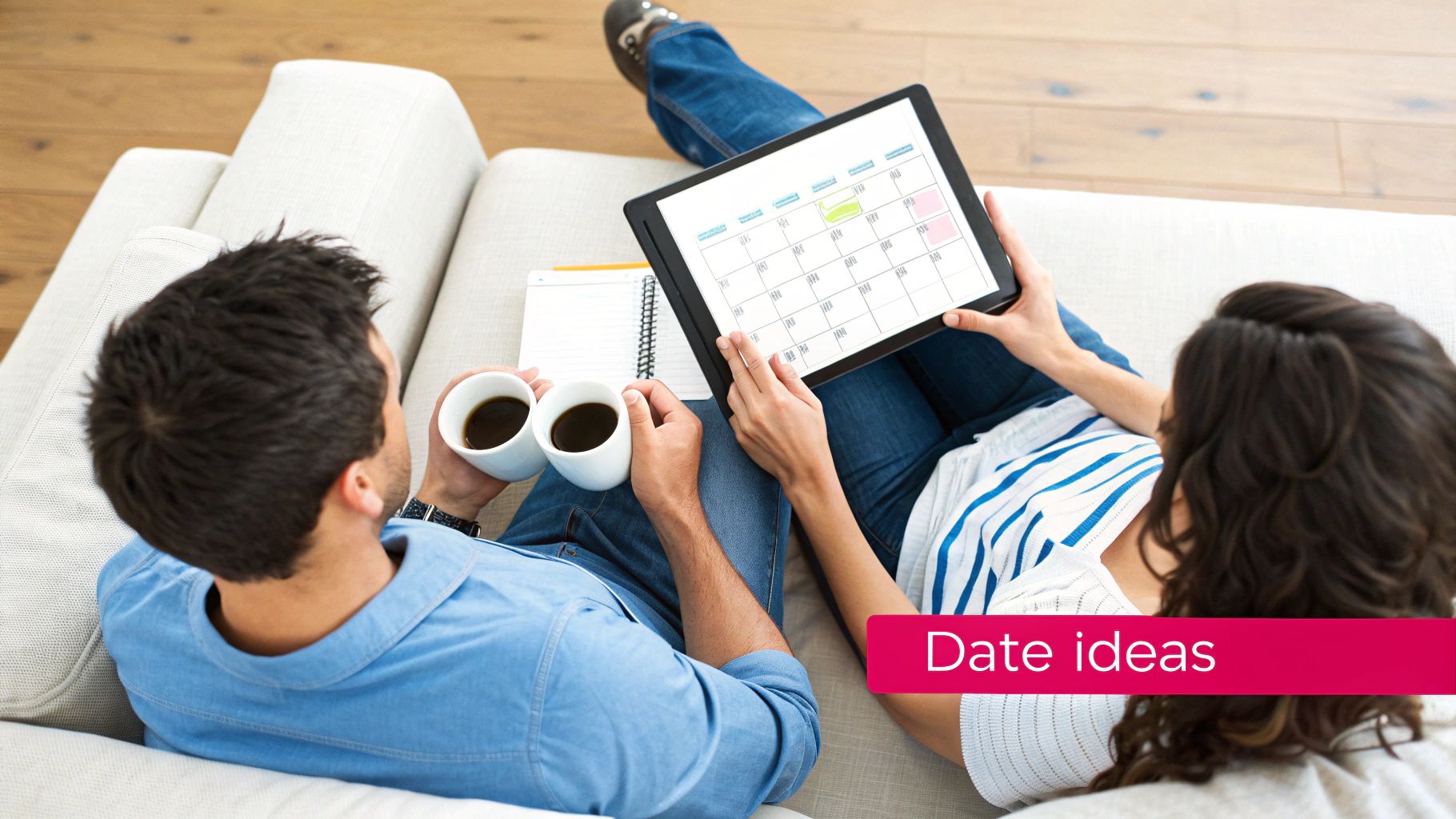Couple on a couch planning activities with a calendar on a tablet and drinking coffee.