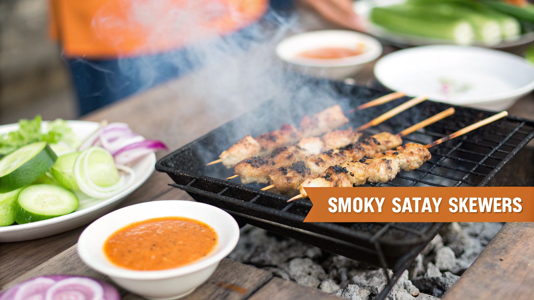 Smoky satay skewers grilling over charcoal, served with fresh cucumber, red onion, and dipping sauce.