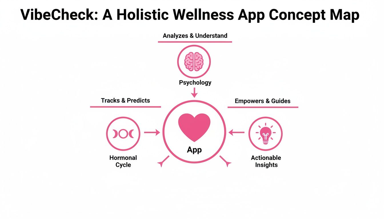 A concept map for VibeCheck, a holistic wellness app integrating psychology, hormonal cycle tracking, and actionable insights.