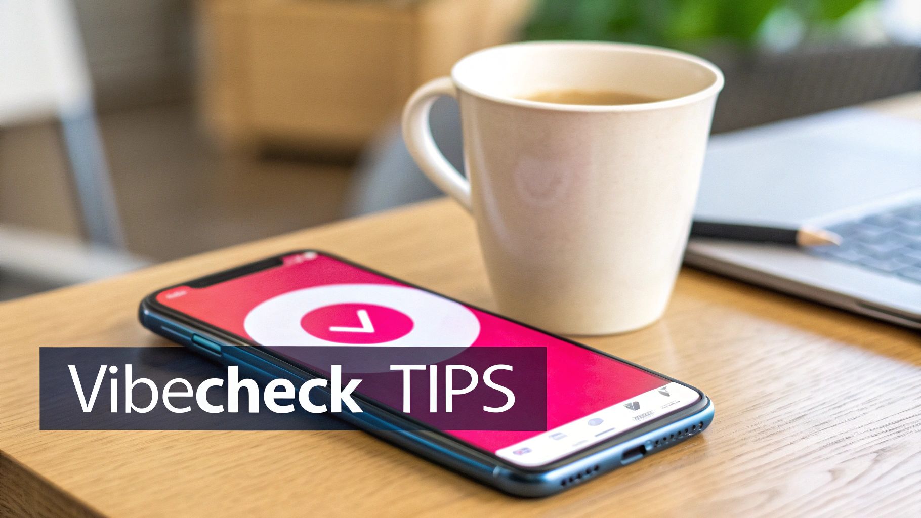 A smartphone on a wooden desk with a coffee mug, laptop, and 'Vibecheck TIPS' overlay.