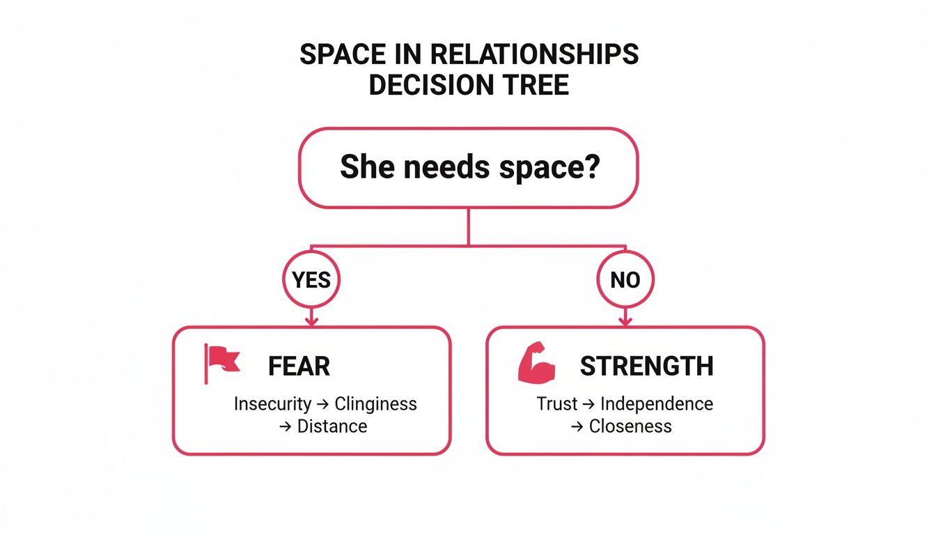 A decision tree illustrating the impact of a woman needing space in relationships, linking fear to distance and strength to closeness.