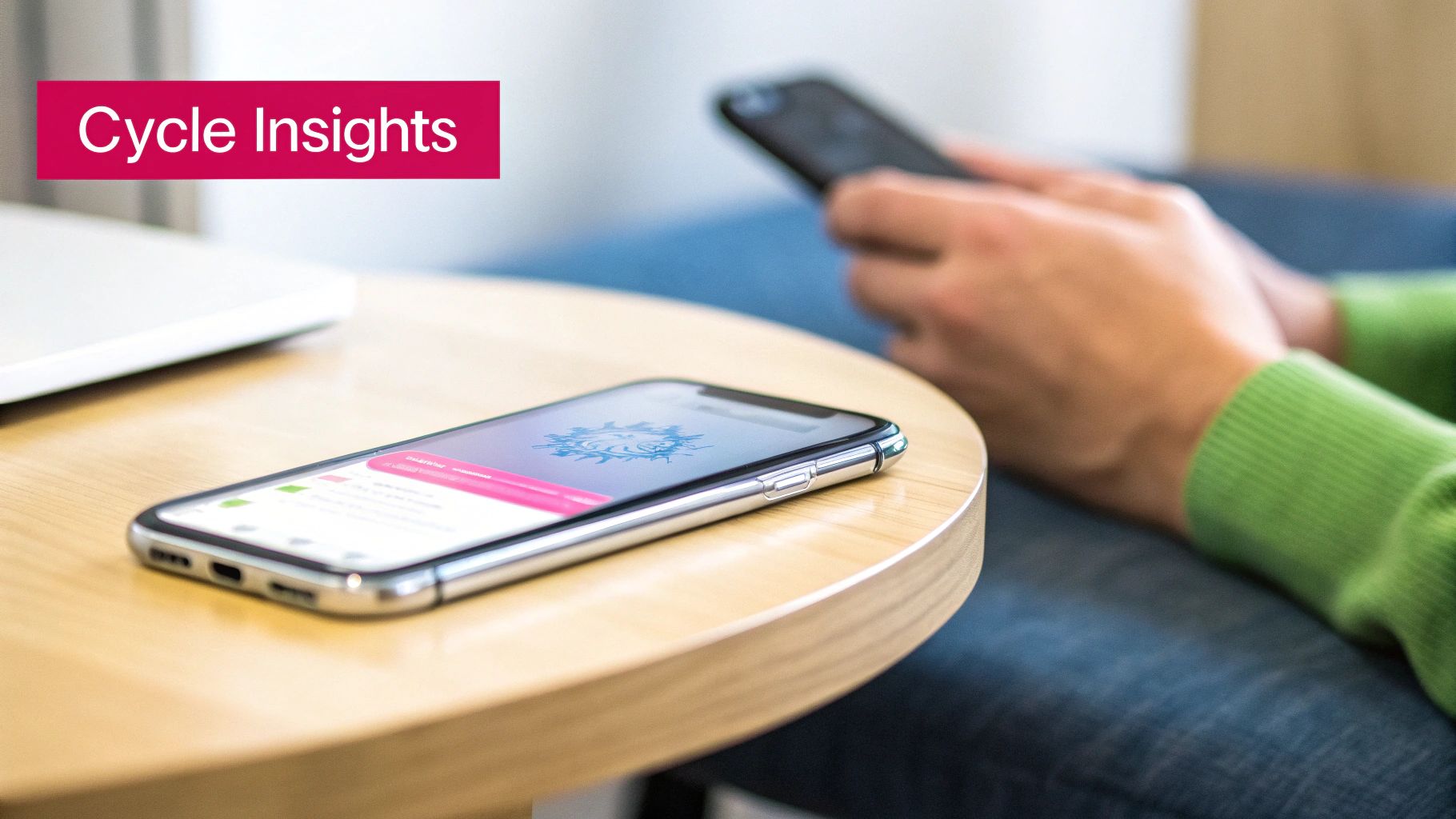 A smartphone on a wooden table displays a 'Cycle Insights' app, with a person using another phone.