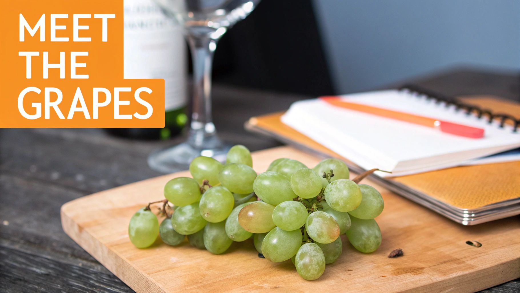 A fresh bunch of green grapes on a wooden board with a wine glass and bottle in the background.