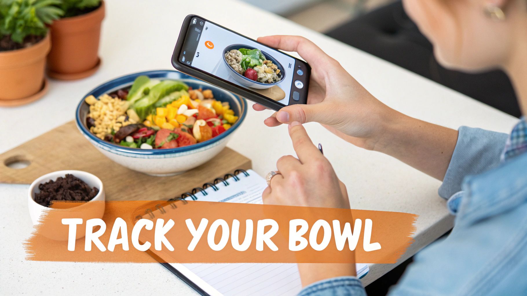 A person takes a photo of a vibrant, healthy food bowl with their smartphone, ready to track their meal.
