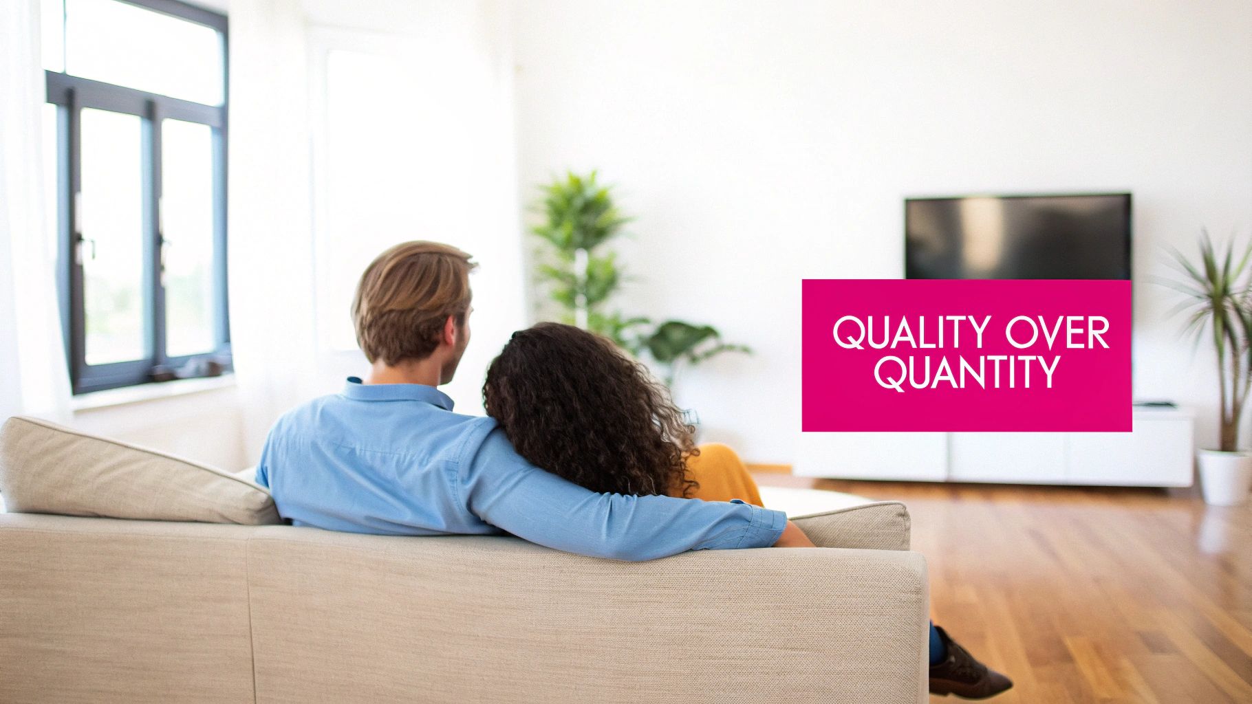 A couple cuddling on a couch, looking towards a TV, with a 'QUALITY OVER QUANTITY' text overlay.