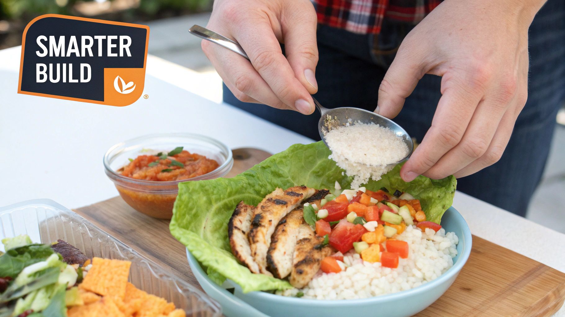 A person's hands add white rice to a vibrant chicken and vegetable lettuce bowl.