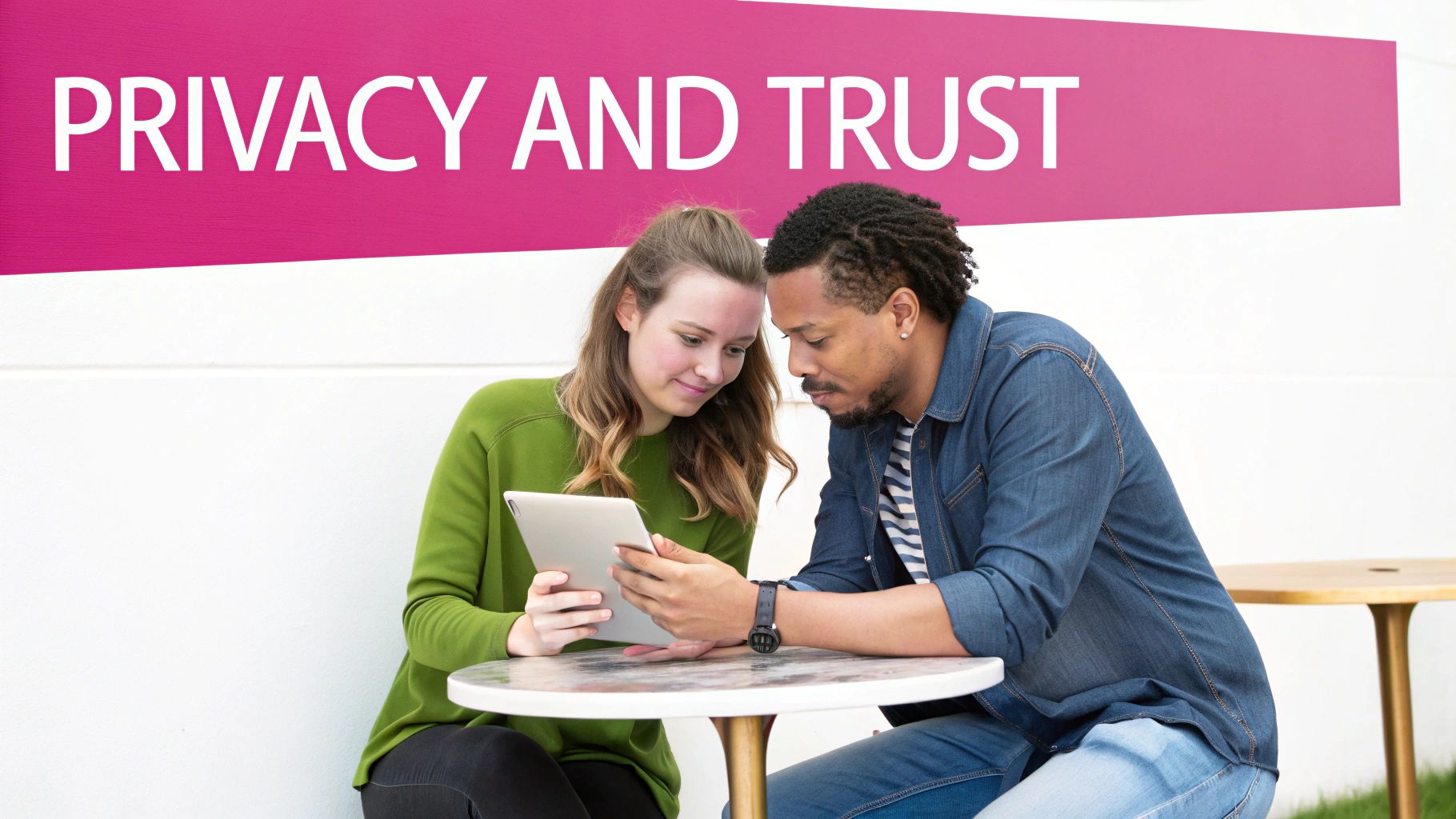 A man and a woman collaboratively looking at a tablet, with a 'Privacy and Trust' banner.