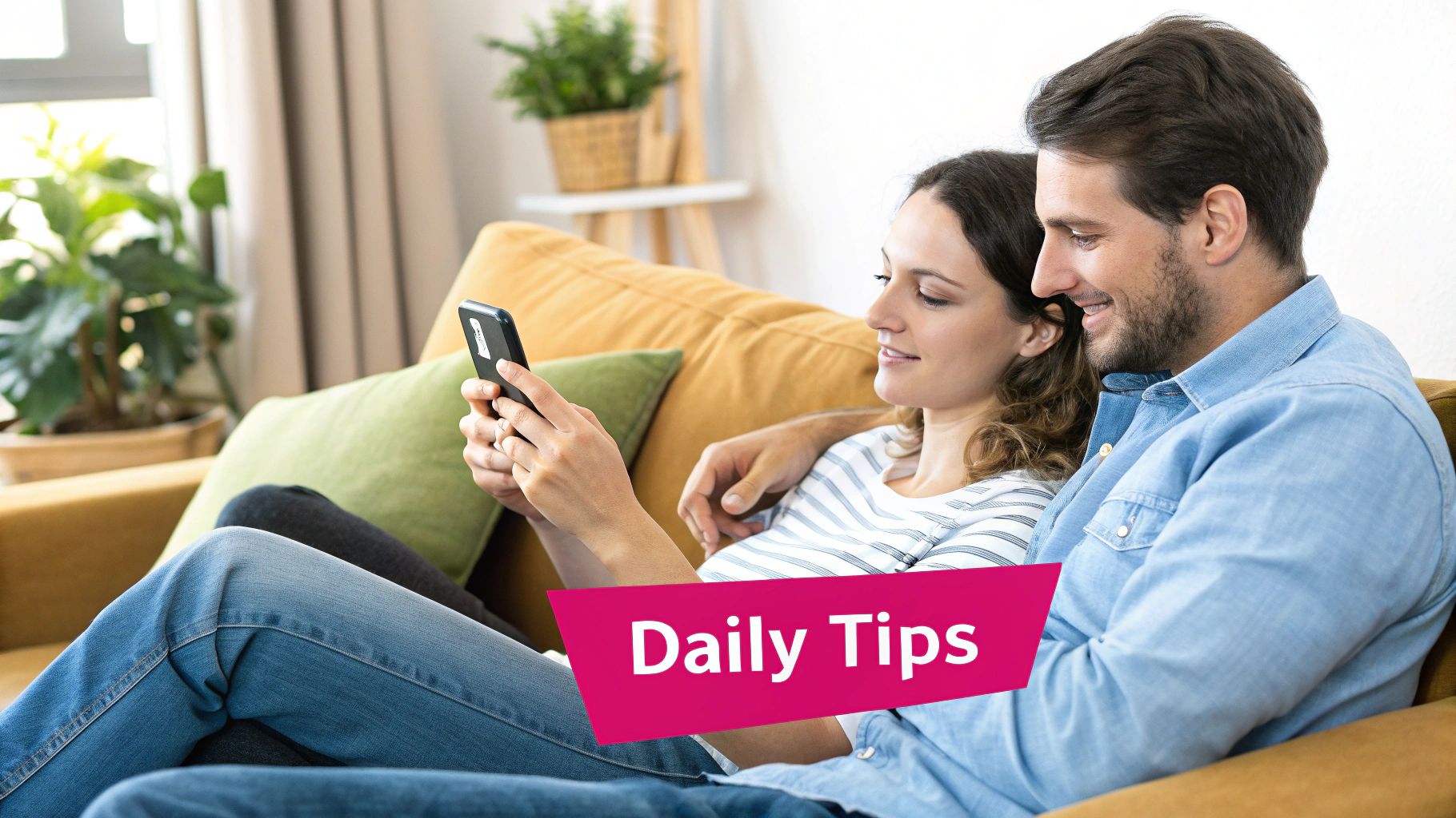 A young, happy couple sitting on a sofa, smiling and looking at a smartphone together.