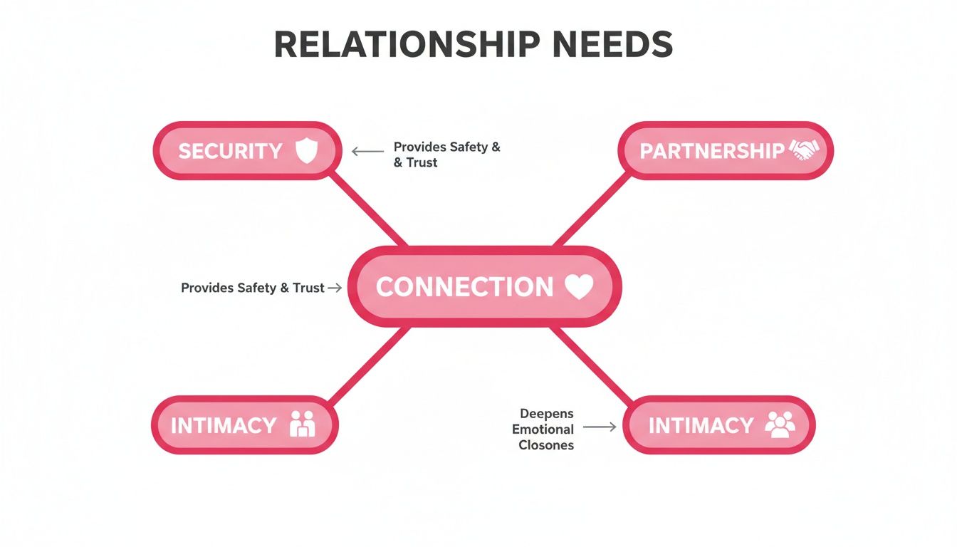 A mind map illustrating key relationship needs, featuring connection at the core with branches for security, partnership, and intimacy.