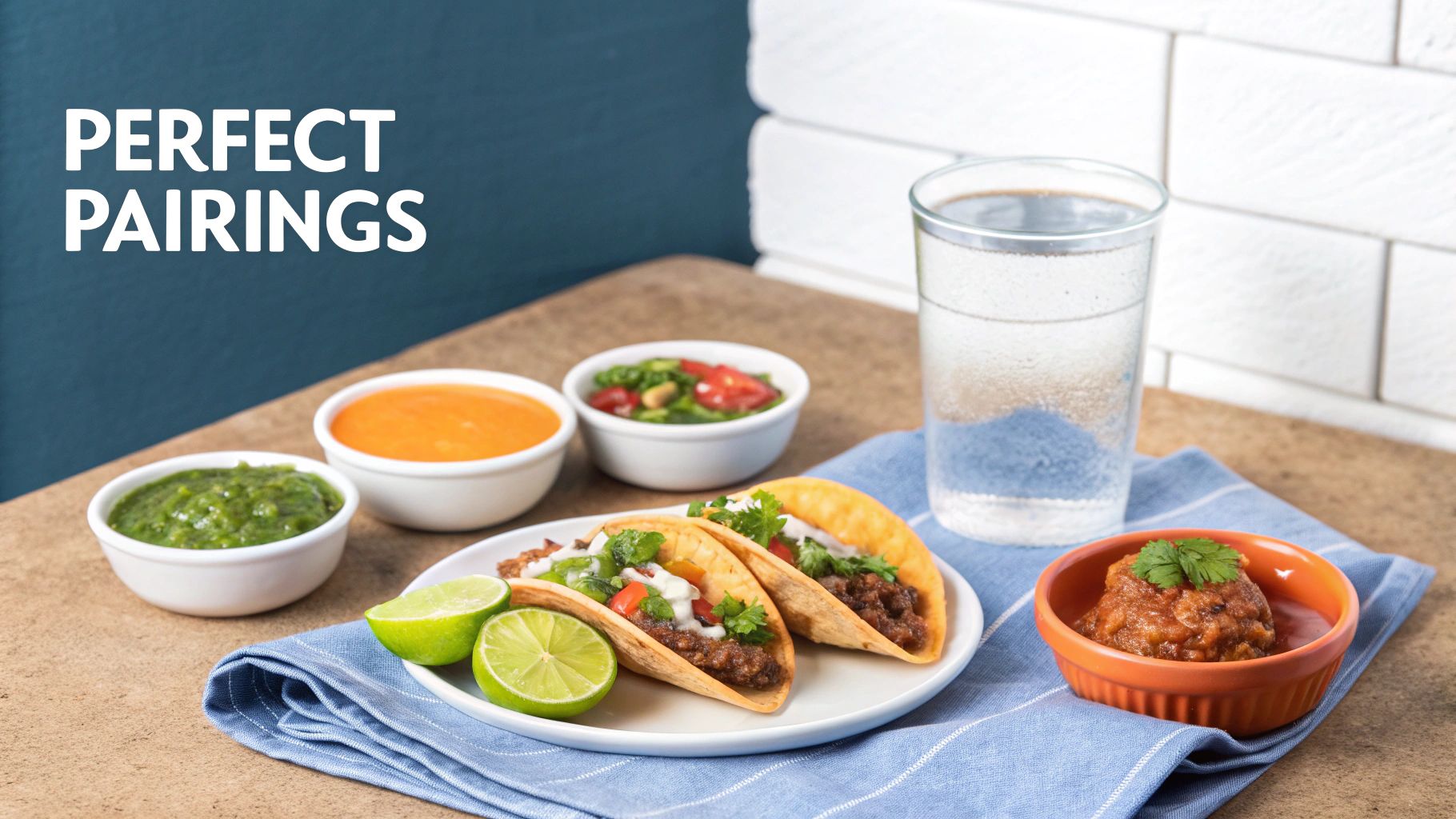 Two delicious steak tacos served with various sauces, fresh lime, and a glass of water on a table.
