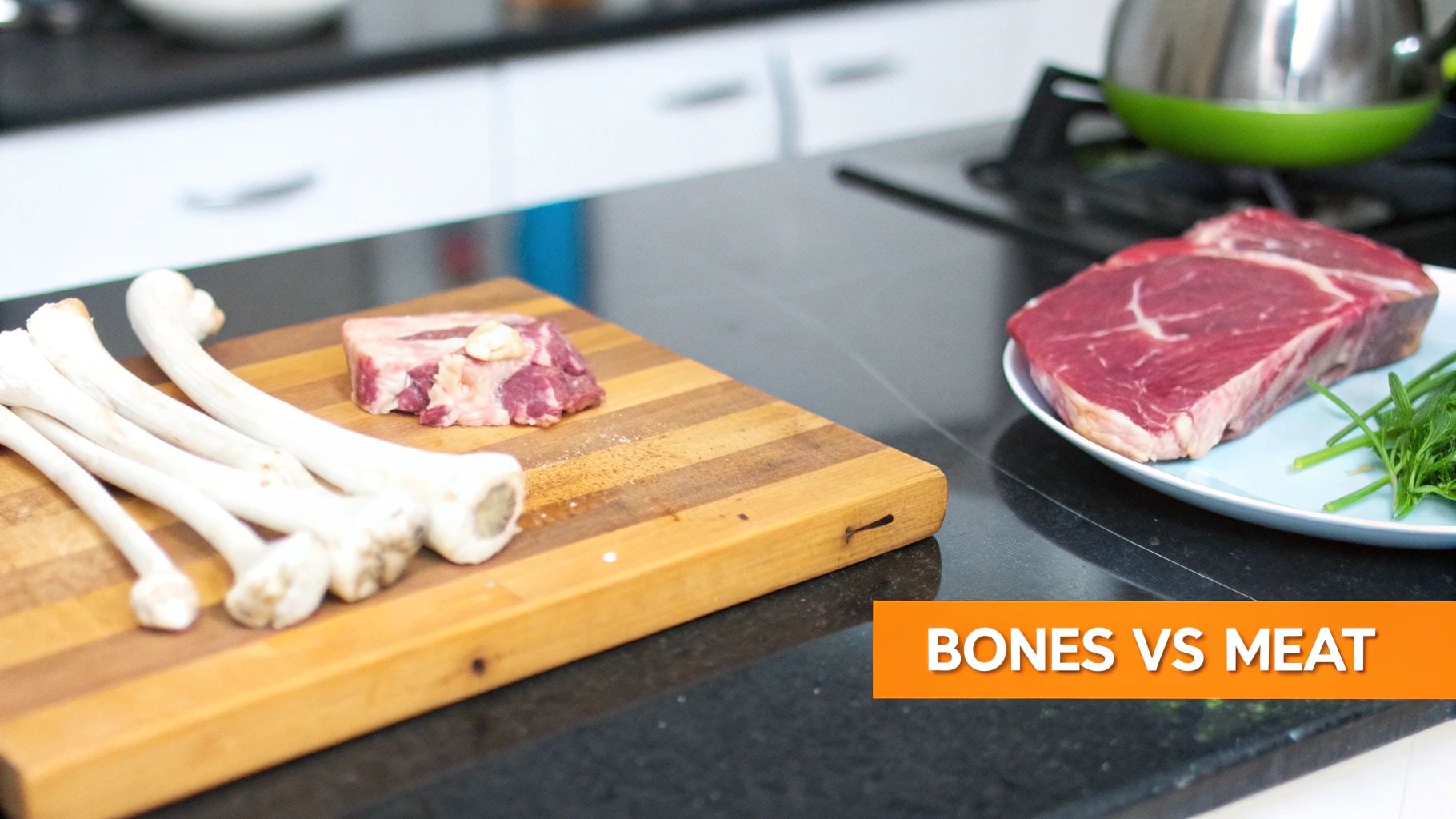 Raw bones and fresh red meat displayed on a wooden cutting board in a kitchen setting.