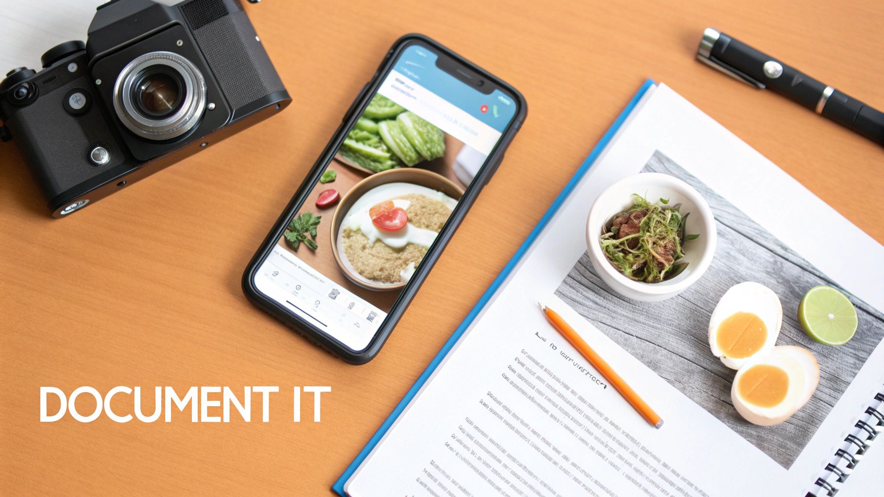 Flat lay of a desk with a vintage camera, smartphone showing food, and an open notebook with recipes.