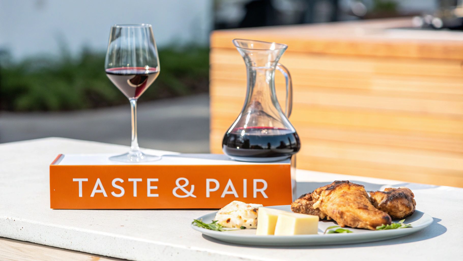 A glass and carafe of red wine with grilled chicken, cheese, and a 'Taste & Pair' sign.