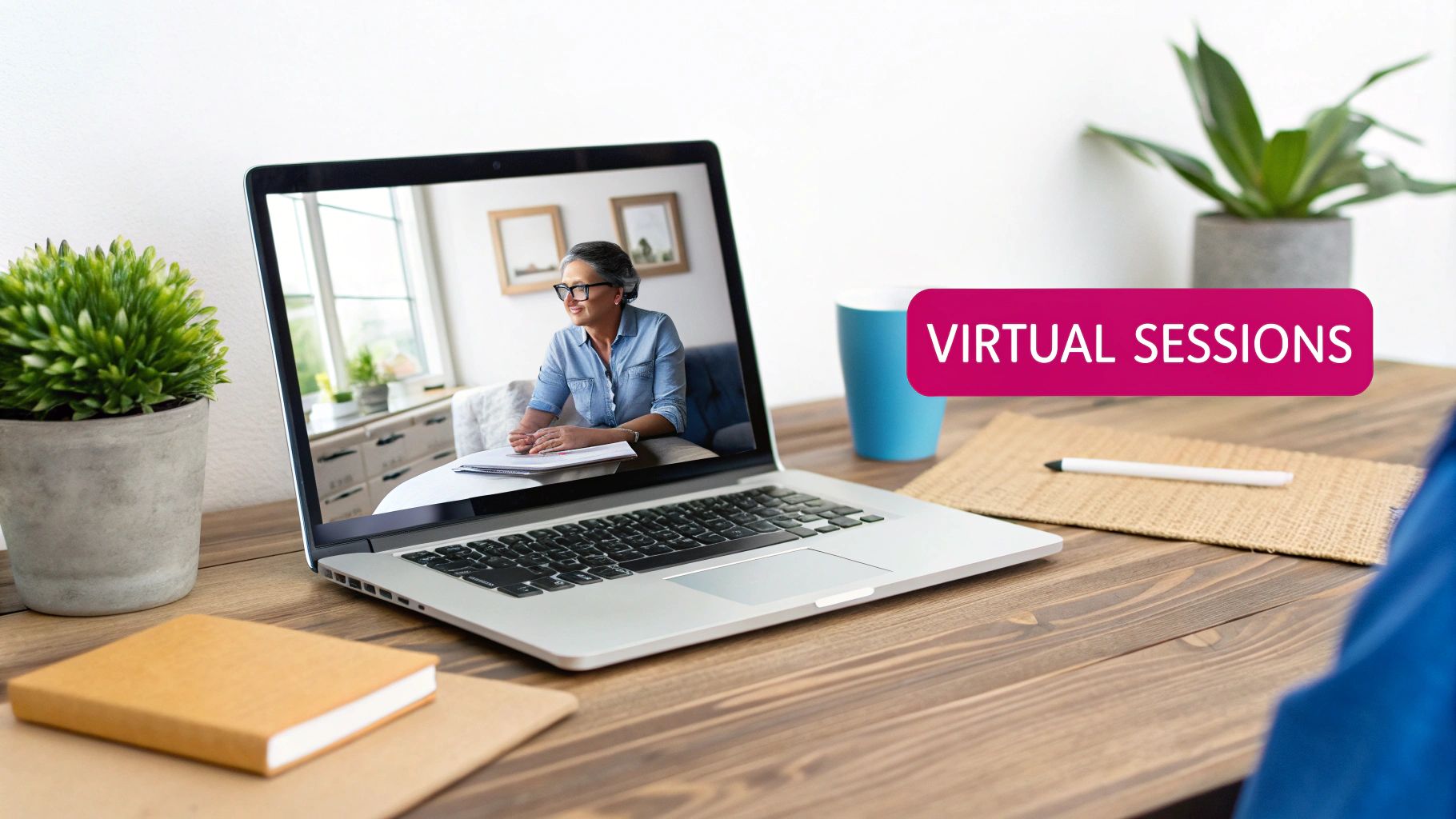 A laptop on a wooden desk shows a woman in a virtual session, with 'VIRTUAL SESSIONS' text.