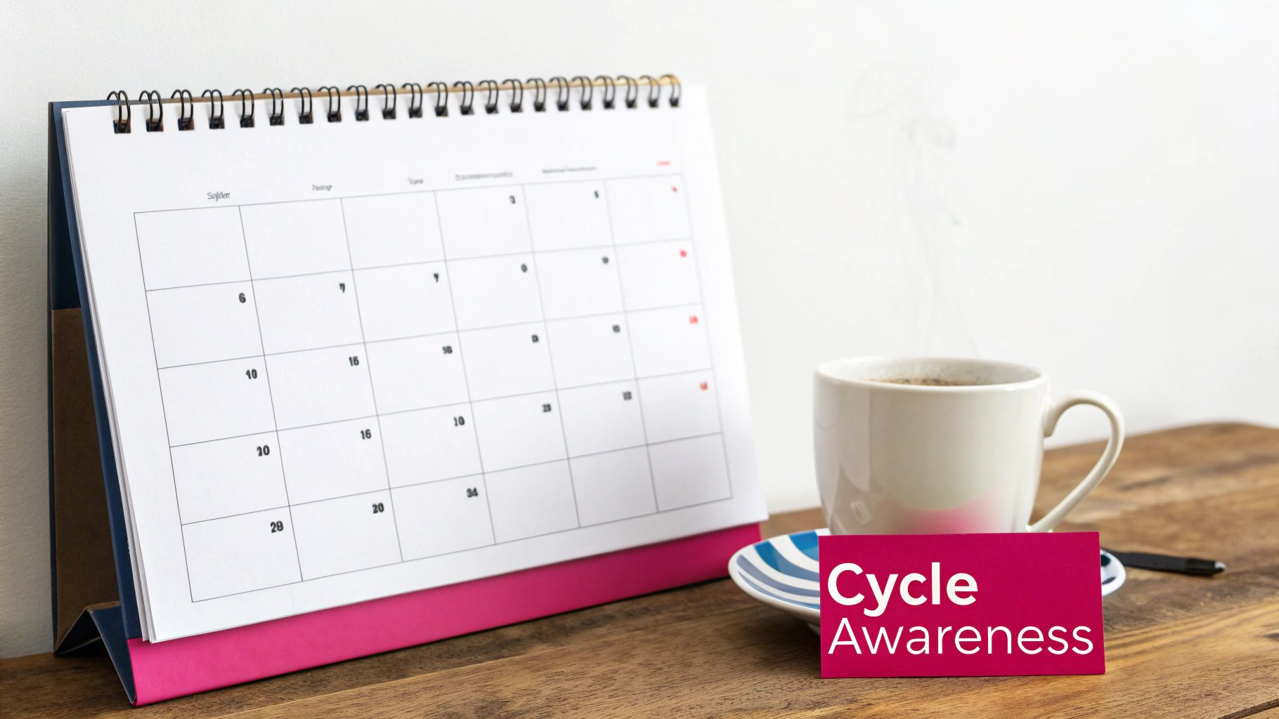 A desk calendar, a steaming coffee cup, and a pink "Cycle Awareness" card on a wooden table.