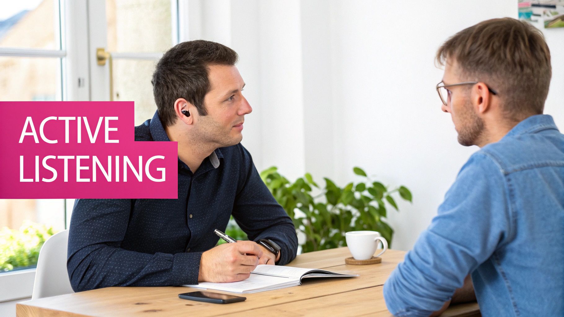 Two men actively listening, one taking notes, in a bright room with text 'ACTIVE LISTENING'.