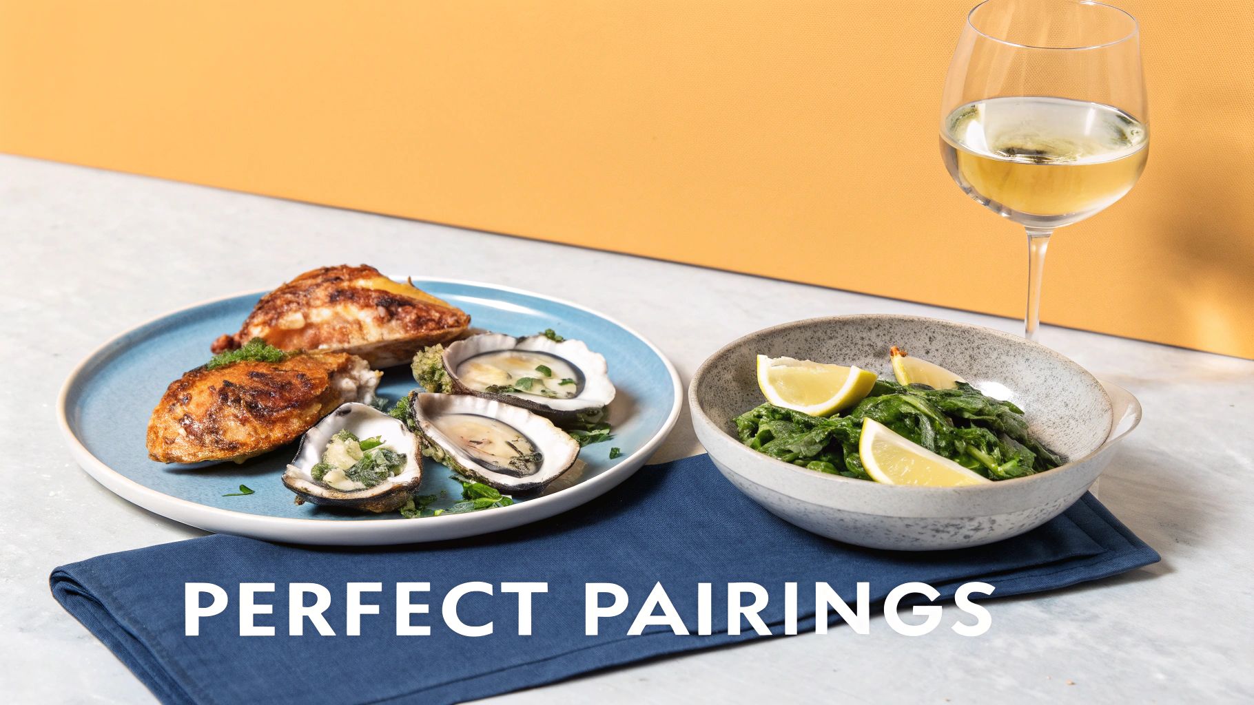 A spread of grilled seafood, fresh oysters, leafy greens with lemon, and a glass of white wine.