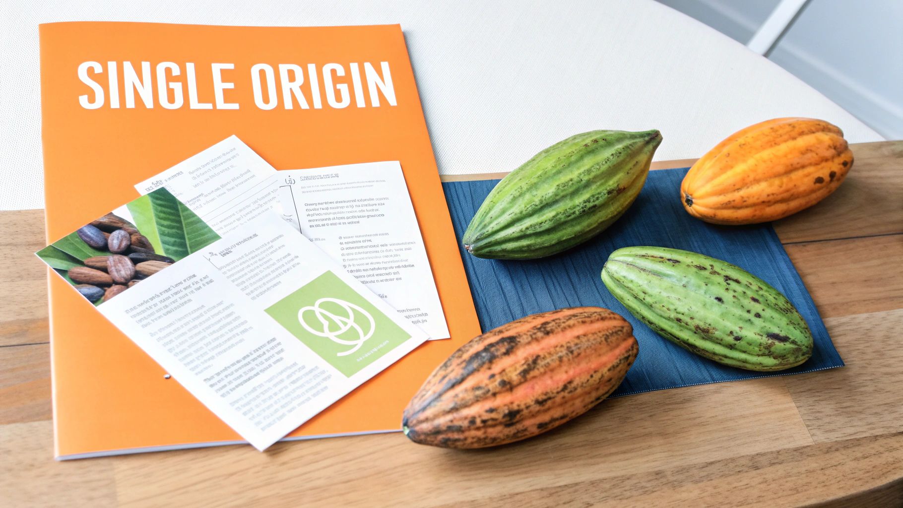 An orange booklet, informational papers, and four colorful cacao pods on a table.