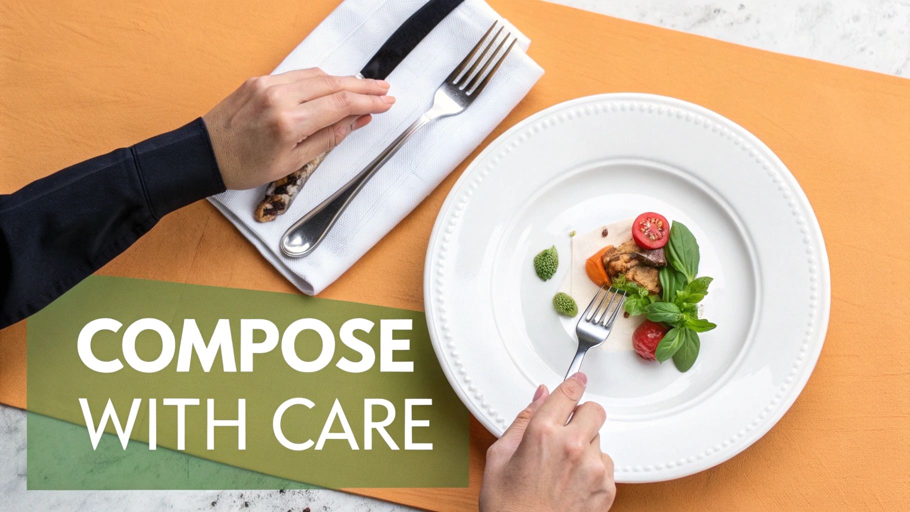 A person's hands carefully arranging a gourmet food dish with a fork, emphasizing presentation.