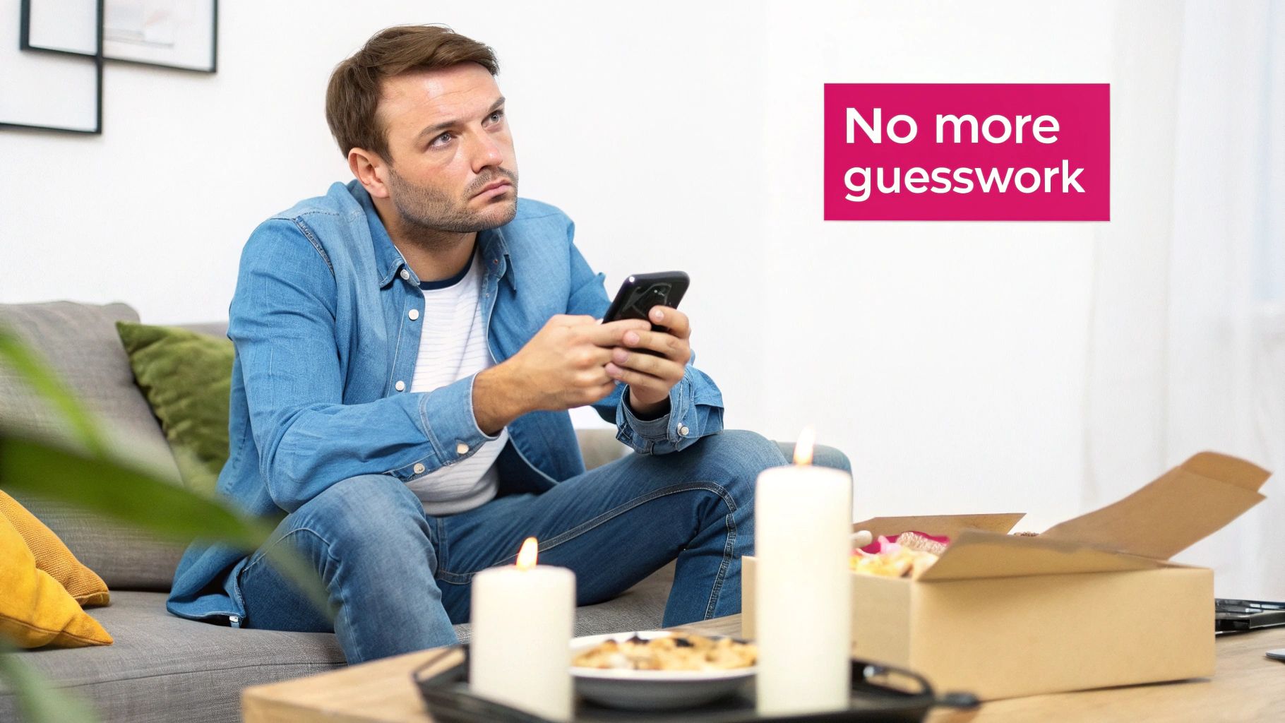 A man on a couch, holding a phone and looking thoughtful, with 'No more guesswork' text.