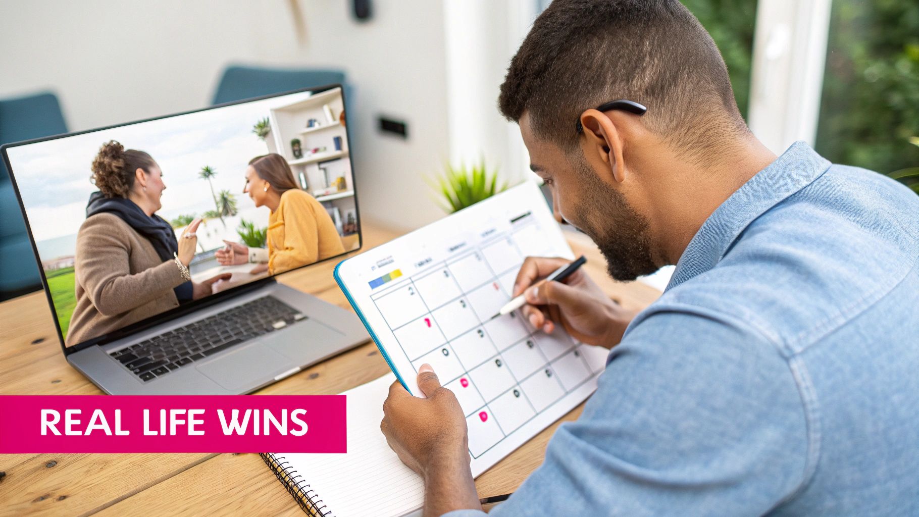 A man schedules events on a calendar while watching a video call with two women on a laptop.
