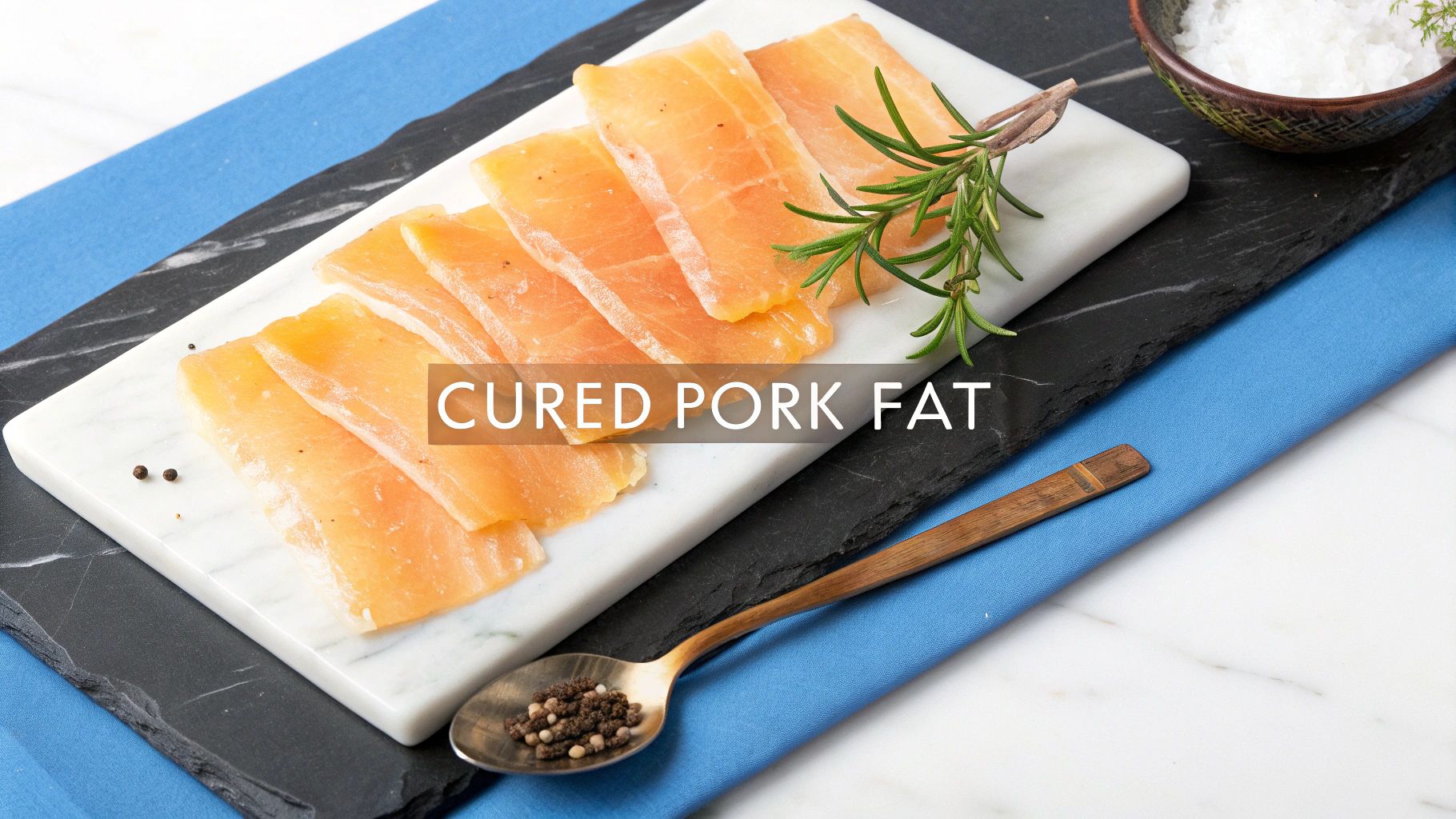 Slices of cured pork fat on a white marble board with rosemary, peppercorns, and a bowl of salt.