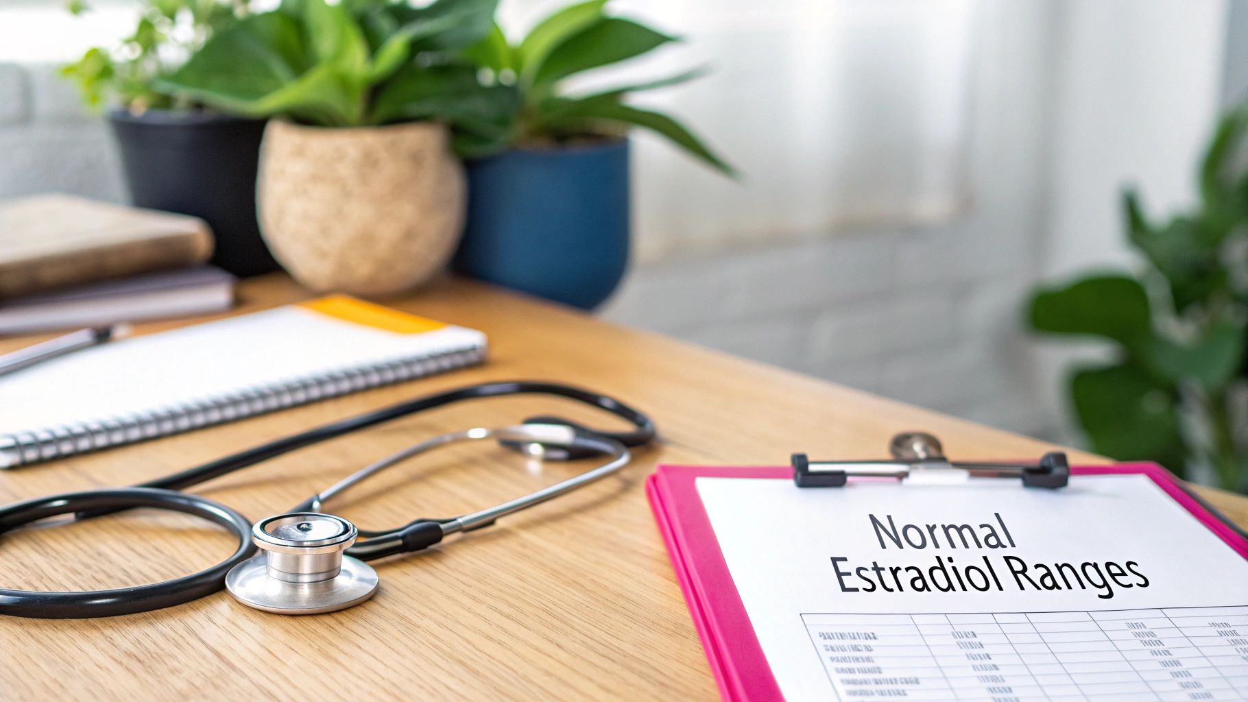 A doctor's desk with a stethoscope and a document titled 'Normal Estradiol Ranges'.