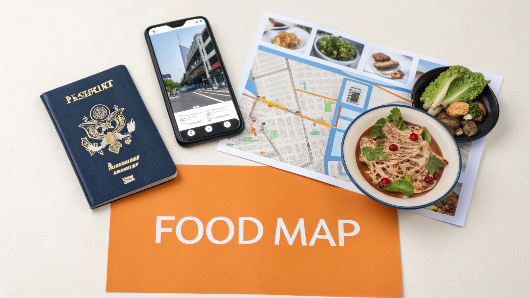 A flat lay of travel essentials, including a passport, smartphone, map, and food, with a 'FOOD MAP' sign.