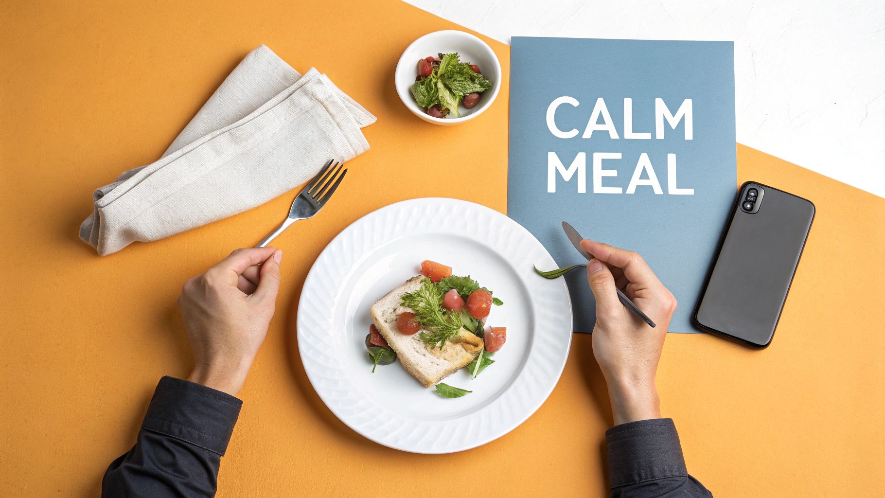 Overhead shot of hands at a table, about to eat a calm meal with healthy food and a "CALM MEAL" sign.