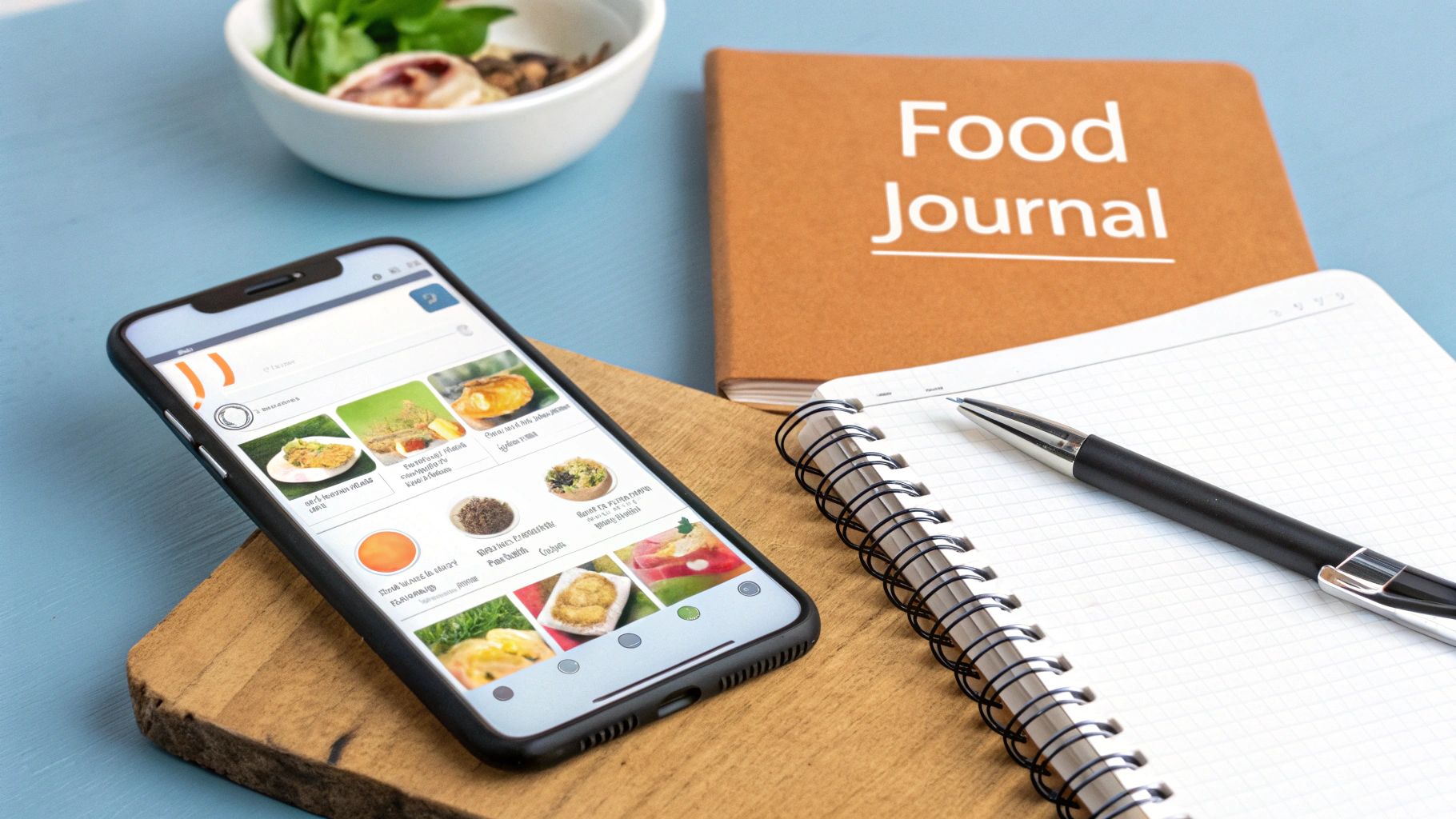 A smartphone displaying a food app next to a 'Food Journal' notebook and a pen.