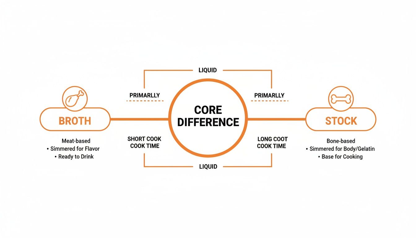 An infographic clearly comparing the core differences between broth and stock, including ingredients and uses.