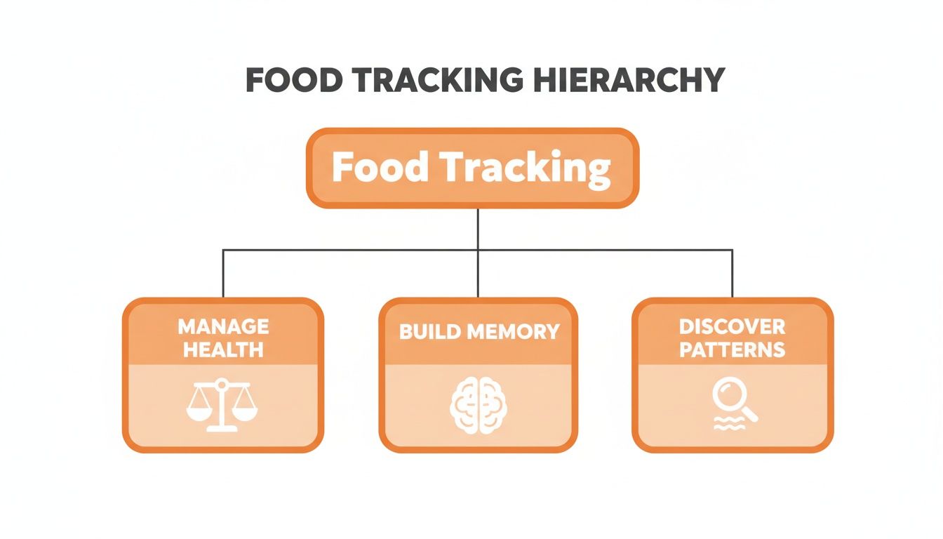 A food tracking hierarchy diagram illustrates its three core benefits: managing health, building memory, and discovering patterns.
