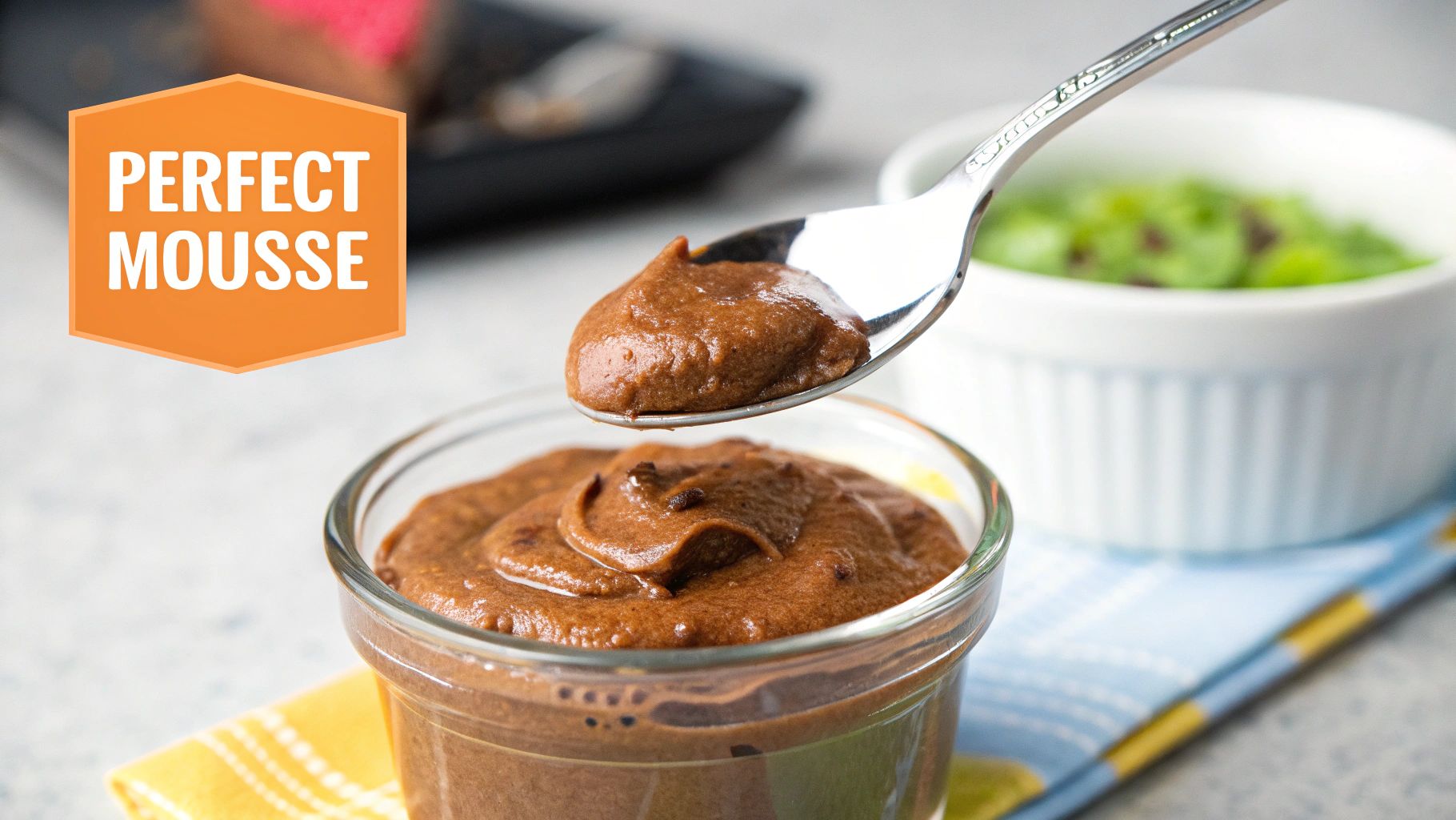 A spoon scoops creamy chocolate mousse from a glass bowl, with text 'Perfect Mousse' visible.