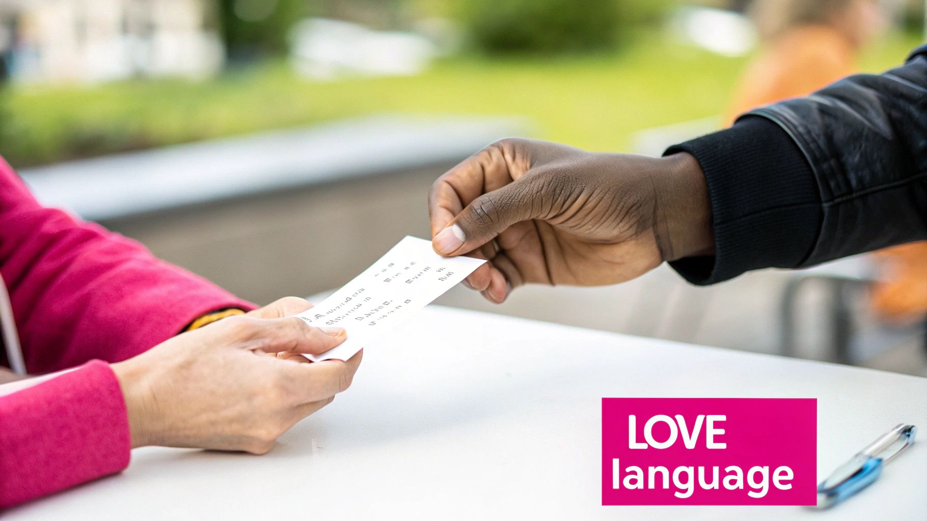 Two people exchanging a handwritten note, with 'LOVE language' text overlay on a pink background.