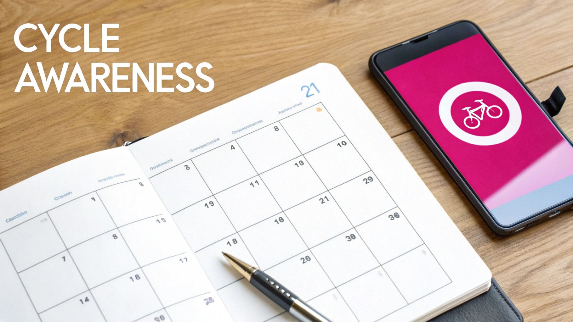 A planner, pen, and smartphone with a bicycle app on a wooden desk, promoting cycle awareness.