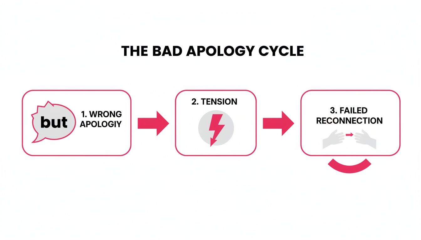 A flowchart illustrates the bad apology cycle: wrong apologies (with 'but'), leading to tension and failed reconnection.