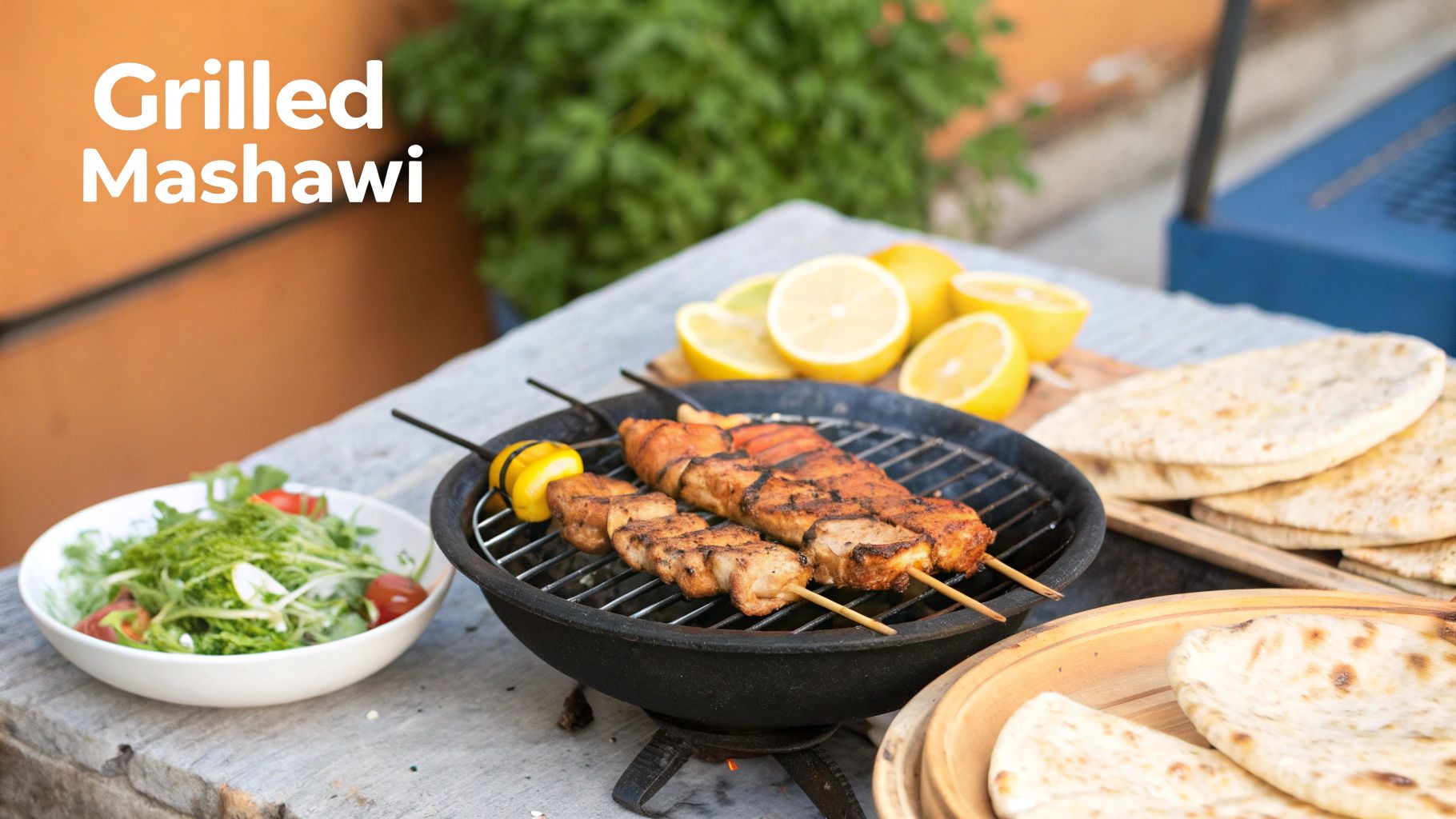 Grilled mashawi skewers with fresh green salad, pita bread, and lemons on an outdoor table.