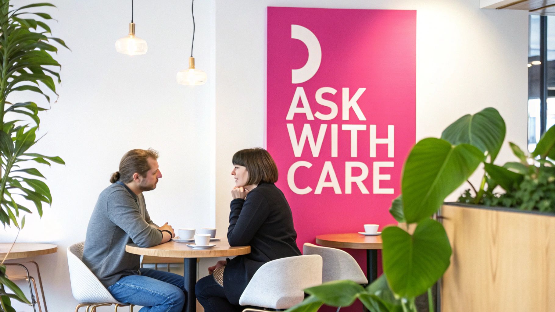 Two people, a man and a woman, sit at a table in a cafe with coffee cups, next to a pink 'ASK WITH CARE' sign.