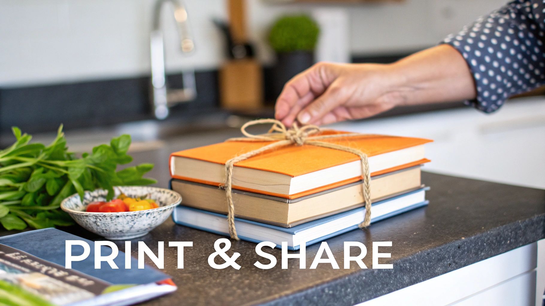 A person ties twine around a stack of cookbooks on a kitchen counter with fresh produce.