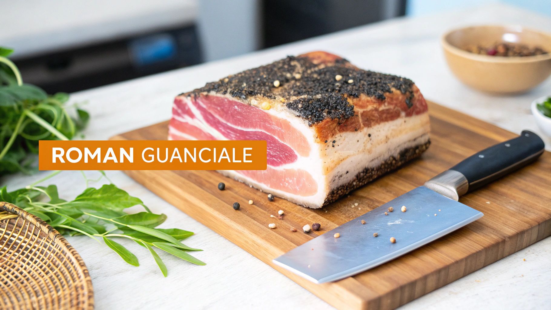 A large block of Roman Guanciale, a cured pork jowl, on a wooden cutting board with a cleaver.