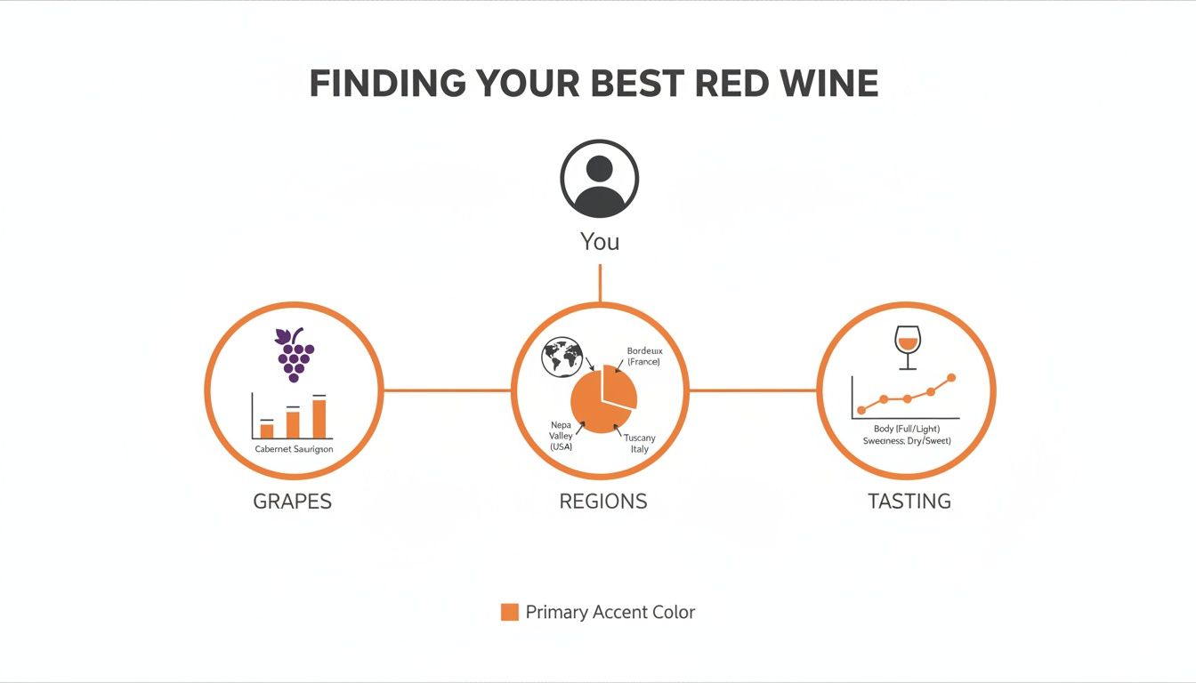 Infographic guiding you to find your best red wine by considering grapes, regions, and tasting preferences.