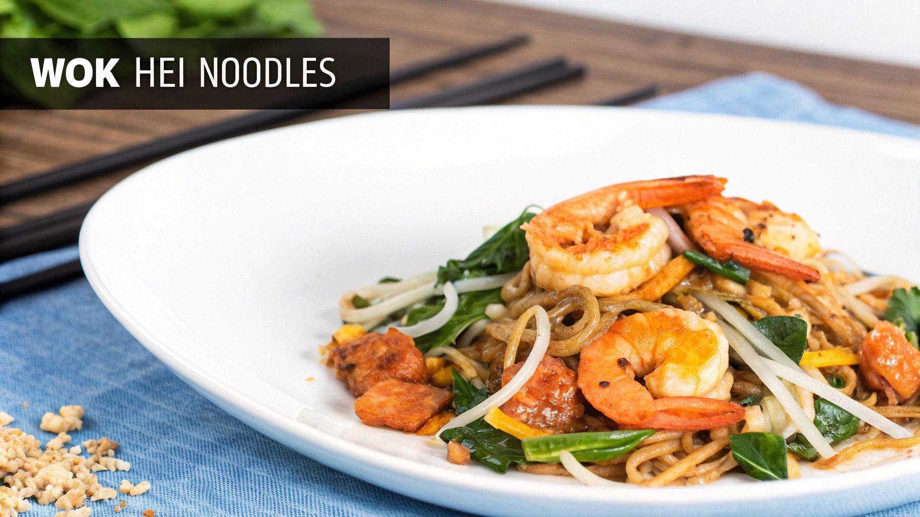 Close-up of Wok Hei Noodles with shrimp, green vegetables, and fried meat on a white plate.