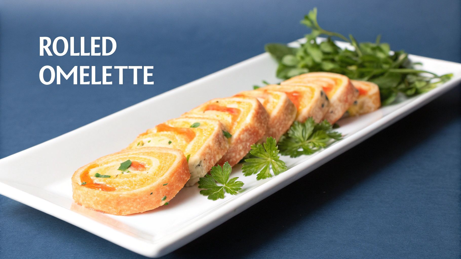 Delicious rolled omelette slices on a white rectangular plate, garnished with fresh parsley on a blue background.