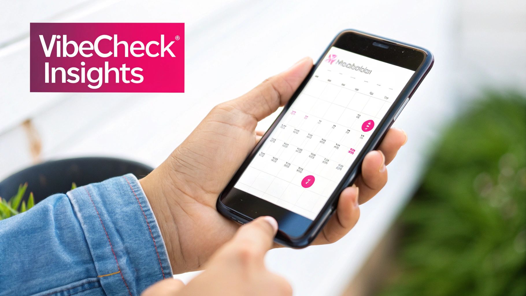 A hand in a denim sleeve holds a smartphone displaying a calendar app and 'VibeCheck Insights' logo.
