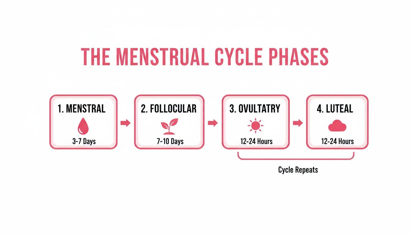 Infographic illustrating the four phases of the menstrual cycle: Menstrual, Follicular, Ovulatory, and Luteal, with their typical durations.