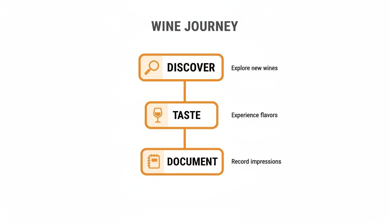 A three-step wine journey chart outlining discover, taste, and document phases with icons.
