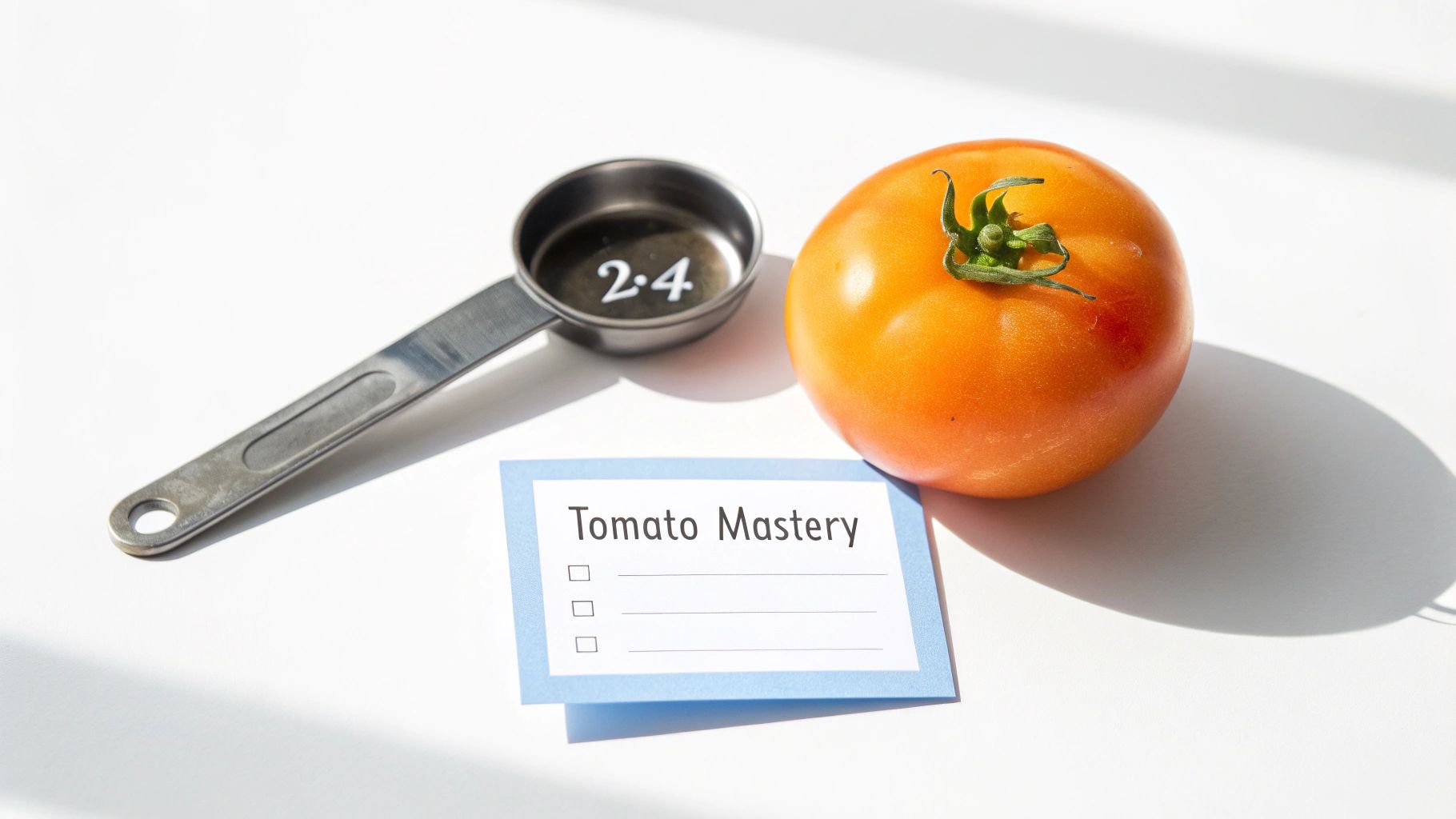 A ripe orange tomato, a measuring spoon with "2.4", and a "Tomato Mastery" checklist card on white.