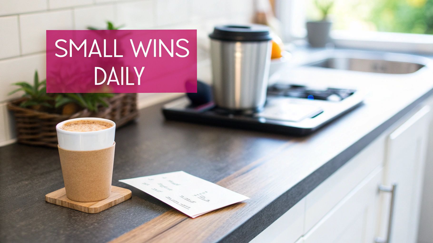 Morning coffee on a kitchen counter with a travel mug and 'SMALL WINS DAILY' motivational text.